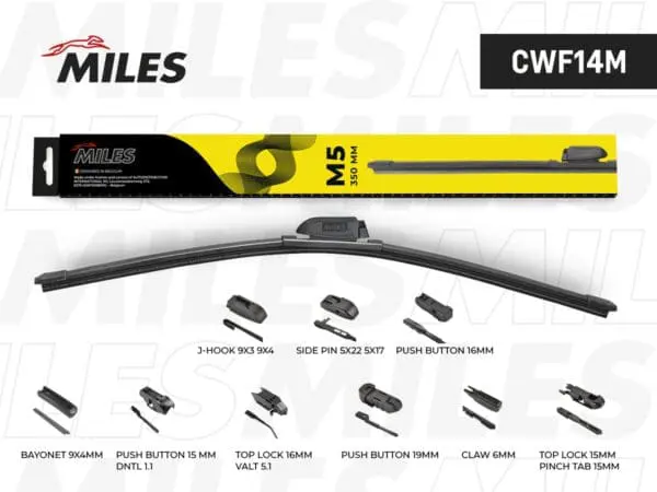 Щетка стеклоочистителя Miles CWF14M бескаркасная M5 350мм 14"9 адаптеров (Push Button 19mm)