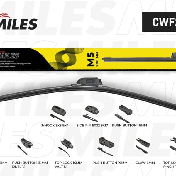 Щетка стеклоочистителя Miles CWF28M бескаркасная M5 700мм 28" 9 адаптеров (Push Button 19mm)
